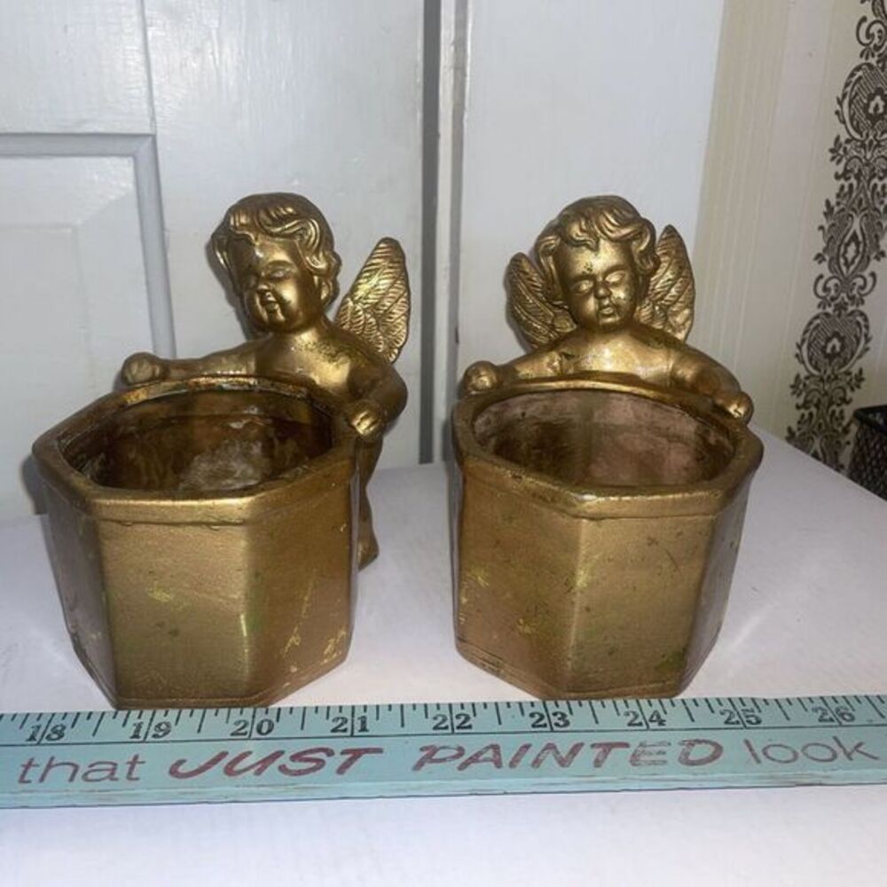 Two Cherub‎ Planters Candle Holders Gold Color Ceramic Composition